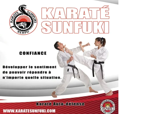 Affiche Karaté Sunfuki montrant deux pratiquants en démonstration d’autodéfense.